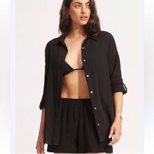 SEAFOLLY CLASSIC BEACH BUTTON UP COVER SWIM ROLL SLEEVE xl a3